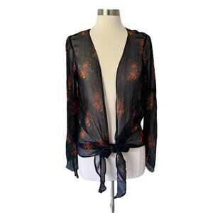 NWT Natural Life Mesh Navy Blue Sheer Floral Tie Front Kimono Top Blouse O/S
